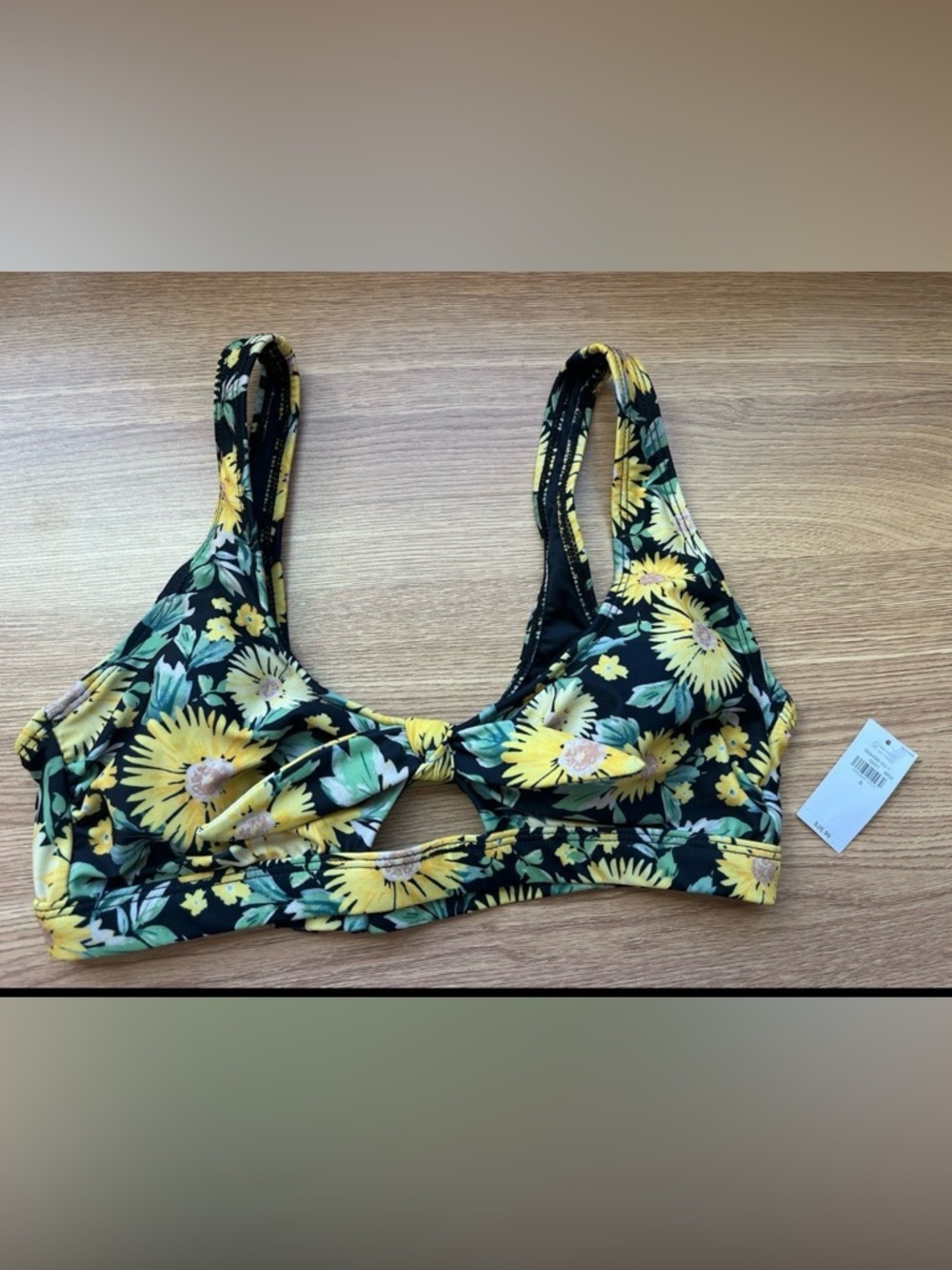 Old Navy Floral Bikini Top Small Black Yellow Daisy Adjustable Strap Padded NWT